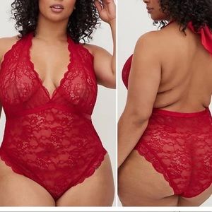 NWT TORRID BODYSUIT - LACE HALTER BOW RED
